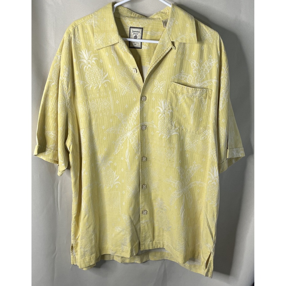 Jamaica Jaxx Men Large Shirt Yellow Silk Jacquard Pineapple Tropical Camp Button